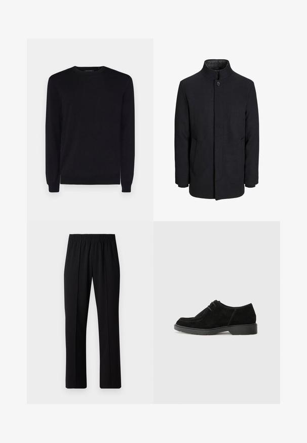 Men's black wool coat with high collar, concealed zipper, single button closure, and side pockets.; Black crew-neck sweater made of smooth fabric with long sleeves and ribbed cuffs and hem. Classic design, minimal detailing.; Black, elastic-waist trousers with a straight-leg design, featuring a smooth texture and no visible patterns or hardware.; Black suede dress shoe with a rounded toe, contrasting stitching, and a rubber sole. Features minimal lacing and a smooth upper design.