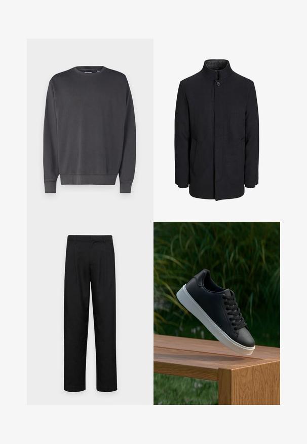 Pánsky čierny vlnový kabát s vysokým golierom, skrytým zipsom, jedným gombíkom a bočnými vreckami.; Tmavošedá mikina s okrúhlym výstrihom, dlhými rukávmi a rebrovanými manžetami a lemom. Vyrobená z mäkkej, texturovanej tkaniny. Jednoduchý dizajn, bez viditeľných log.; Čierne nohavice vyrobené z hladkej tkaniny, s rovnými nohavicami, dvoma prednými skladmi a štandardným pásom s pútkami na opasok.; Čierne kožené tenisky s hladkým povrchom, biela gumená podrážka a šesť dierok na šnúrky, vystavené na drevenom povrchu.