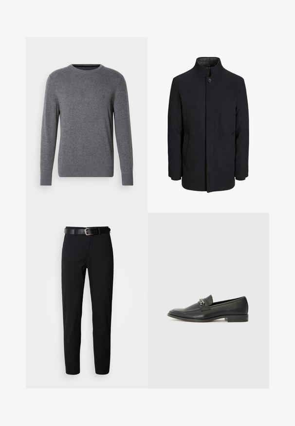 Meeste must villane mantel kõrge kraega, peidetud tõmblukk, ühe nööbiga kinnitamine ja küljetaskud.; Hall hallux-sinine kootud särk ümarate kaelustega ja pikkade varrukatega. Omab soonikuid mansette ja allääri, sileda tekstuuri ning väikest logo rinnal.; Mustad püksid sirge lõikega, sileda tekstuuriga ja must nahkrihm hõbedase pandlaga. Lihtne disain, ilma mustrite või aktsentideta.; Must haveate nahkking punased, millel on sile viimistlus, tikitud muster ja dekoratiivne metallkett vampi üle. Tasane konts.