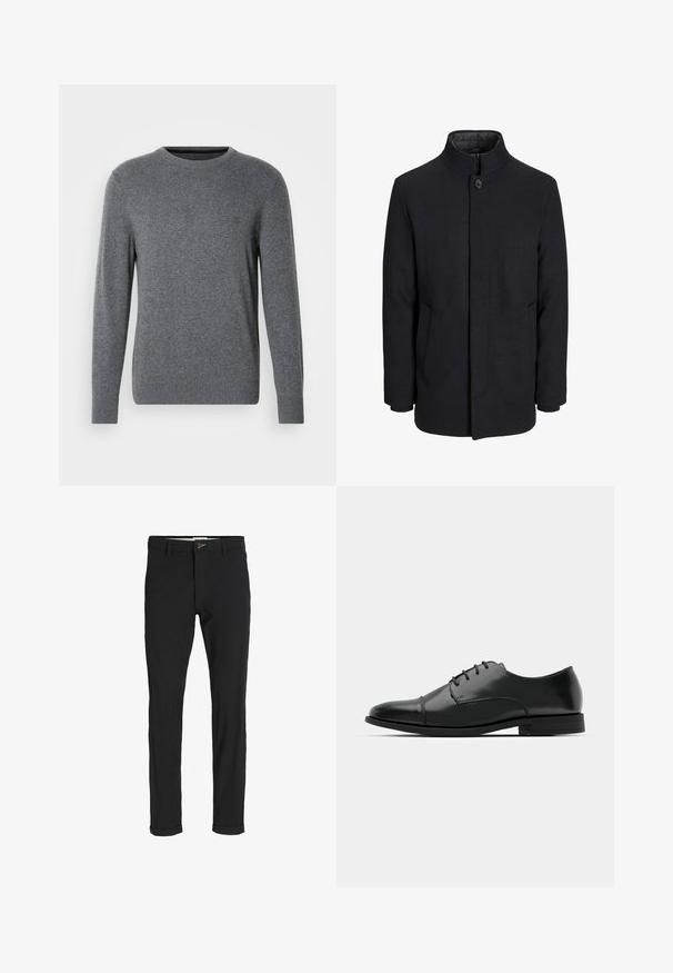 Men's black wool coat with high collar, concealed zipper, single button closure, and side pockets.; Gray knit sweater with a round neckline and long sleeves. Features ribbed cuffs and hem, smooth texture, and a small logo on the chest.; Black cotton blend pants with a slim fit, featuring a button closure, pockets, and rolled cuffs for a casual finish.; Black leather dress shoe with a rounded toe, lace-up design, subtle stitching details, and a low heel. Smooth texture with polished finish.