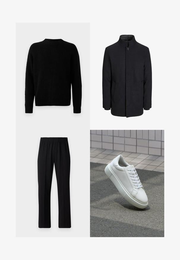 Men's black wool coat with high collar, concealed zipper, single button closure, and side pockets.; Black knitted sweater with a ribbed texture, round neckline, and long sleeves. Simple design; no additional patterns or accents.; Black, elastic-waist trousers with a straight-leg design, featuring a smooth texture and no visible patterns or hardware.; White leather sneaker with a smooth surface, round toe, and flat white laces. Features a textured rubber sole and minimal design elements.