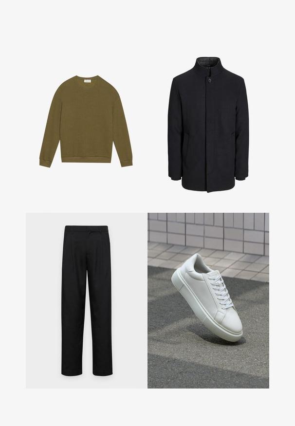 Meeste must villane mantel kõrge kraega, peidetud tõmblukk, ühe nööbiga kinnitamine ja küljetaskud.; Oliivroheline pikavarsi särk, millel on tekstureeritud kalasabamuster, ümmargune kaelus ja soonikkoes mansetid ning hem. Lihtne, mugav sobivus.; Mustad mustadest riietest, millel on sirge jalgade disain, kaks eesmist voltimist ja tavaline vöökoht, millel on vöökohad.; Valge nahkline sneka, millel on sile pind, ümar varvas ja lame valge pael. Omab tekstuuriga kummist talla ja minimaalset kujunduselementi.