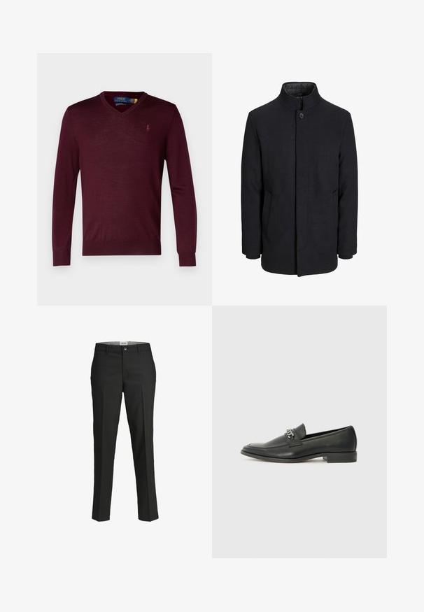 Men's svart ullfrakk med høy krage, skjult glidelås, en knapp lukking og sidelommer.; Polo Ralph Lauren SLIM FIT WASHABLE WOOL V-NECK JUMPER - Strikkegenser - aged wine heather; Sorte bukser, skræddersyet pasform, glat stof, mellemhøj talje, knaplukning foran, skrå lommer og pressefold detaljer ned ad benene.; Sorte skinnloafers med en glatt finish, og med en sydd design og en dekorativ metallkjedeakcent over foten. Flat hæl.