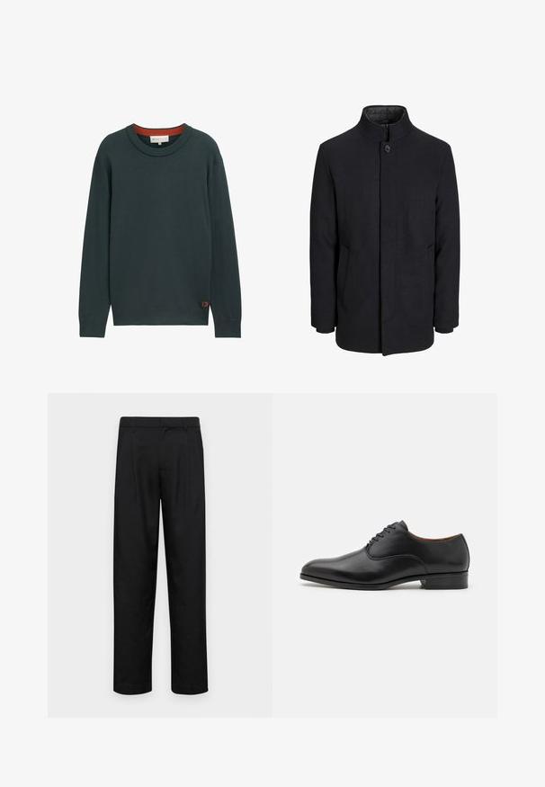Cappotto da uomo in lana nera con colletto alto, zip nascosta, chiusura a un bottone e tasche laterali.; TOM TAILOR DENIM BASIC CREWNECK  - Maglione - dark gable green; Pantaloni neri realizzati in tessuto liscio, caratterizzati da un taglio dritto, due pieghe frontali e una vita standard con passanti per la cintura.; Scarpa da uomo in pelle nera con finitura liscia, punta appuntita e design con sei occhielli per lacci, dotata di tacco basso e sottili dettagli di cucitura.