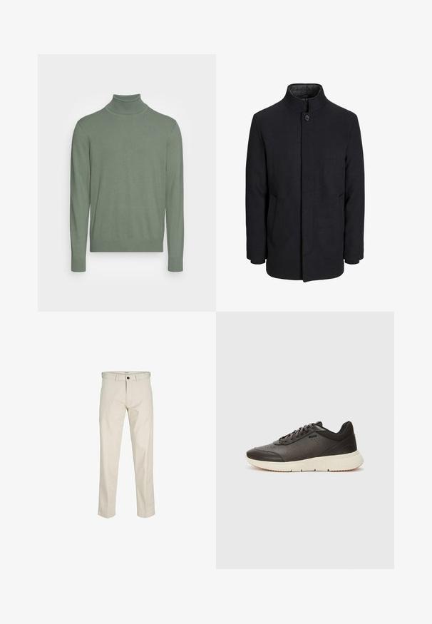 Cappotto da uomo in lana nera con colletto alto, zip nascosta, chiusura a un bottone e tasche laterali.; Maglione a collo alto verde realizzato in morbido materiale lavorato a maglia. Caratterizzato da maniche lunghe, un collo aderente e polsini e orlo a coste. Senza motivi visibili.; Pantaloni in cotone beige con vestibilità dritta, chiusura con bottone, tasche anteriori e cuciture a vista. Texture liscia, dettagli minimi e senza motivi.; Sneaker marrone scuro con tomaia in pelle texturizzata, dettagli perforati e suola leggera color crema. Presenta lacci e un branding discreto.