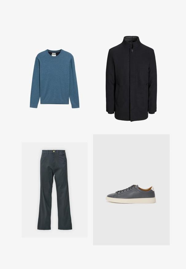 Meeste must villane mantel kõrge kraega, peidetud tõmblukk, ühe nööbiga kinnitamine ja küljetaskud.; Sinine crewneck-sweatshirt, mis on valmistatud pehmest puuvillast, pikkade varrukatega, ribatud mansettide ja alläärtega ning väikese logo detailiga ees.; Mustad püksid sirge säärega, valmistatud puuvillasegistuse kangast. Omavad metallist nööbiga sulgemist ja küljetaskuid. Ilma nähtavate mustriteta.; Hallhalli nahast tossud ümmarguse varbaga, kummist tallaga, lamedate paeltega ja heledate aktsentidega kontsadel. Sile tekstuur ja minimalistlik disain.