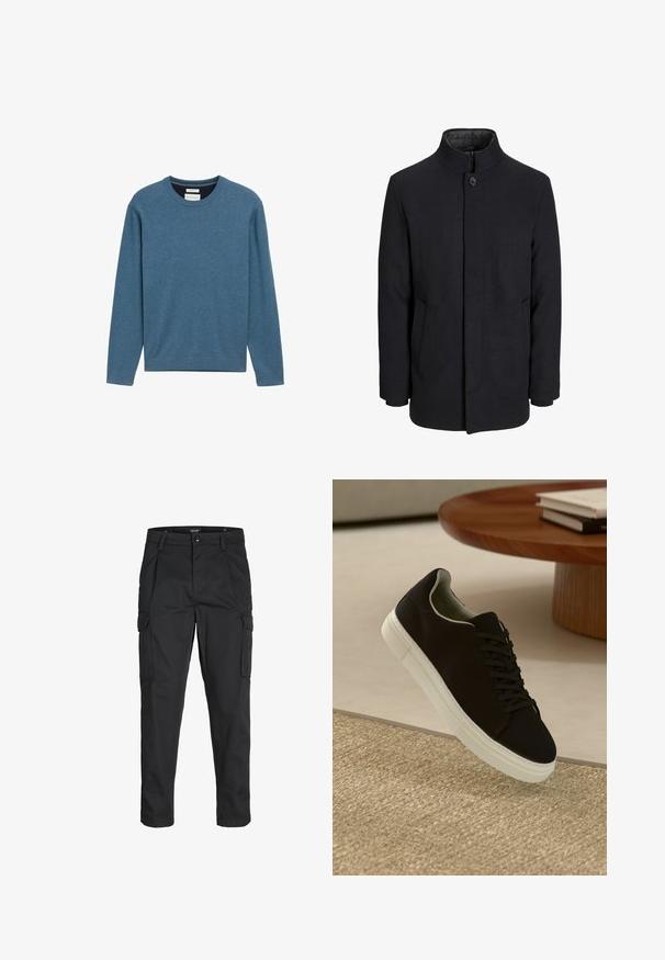 Pánský černý vlněný kabát s vysokým límcem, skrytým zipem, zapínáním na jeden knoflík a bočními kapsami.; Modrý crewneck svetr vyrobený z jemné bavlny, s dlouhými rukávy, žebrovanými manžetami a lemem, a malým logem na přední straně.; Černé cargo kalhoty vyrobené z odolné tkaniny, s mnoha kapsami, knoflíkovým zapínáním a slim fit střihem se zúženými nohavicemi.; Černé tenisky s bílou podrážkou plující nad béžovým texturovaným kobercem poblíž kulatého dřevěného stolu se stohovanými knihami.