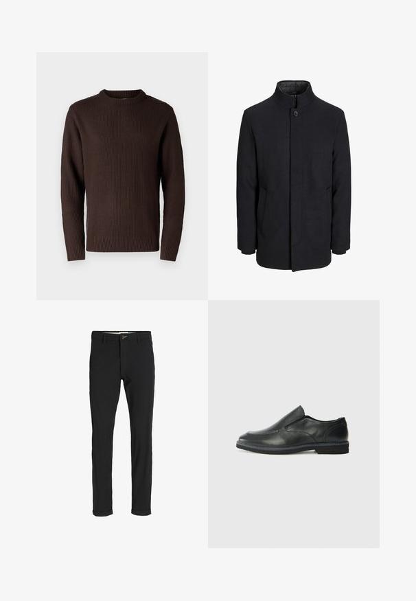 Meeste must villane mantel kõrge kraega, peidetud tõmblukk, ühe nööbiga kinnitamine ja küljetaskud.; Jack & Jones JJROY KNIT CREW NECK - Džemper - mulch; Mustast puuvillasegustest pükstest õhukese lõikega, milles on nööbikinnitus, taskud ja keeratud sääred, et saavutada lõdva lõppviimistluse.; Must musta laia suuga king, millel on sile ülemine osa, õmmeldud detailid, ümmargune nina ja madal kummist konts. Tallal on minimaalne mustr.