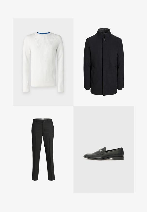 Palton negru din lână pentru bărbați, cu guler înalt, fermoar ascuns, închidere cu un singur buton și buzunare laterale.; Pulover alb cu model ribbit, cu mâneci lungi, guler rotund și accente albastre la guler. Fabricat dintr-un material texturat, având un design ajustat.; Pantaloni negri, croi ajustat, material neted, talie medie, închidere frontală cu nasture, buzunare diagonale și detalii cu pliuri pe picioare.; Pantofii negri din piele cu un finisaj neted, având un design cusut și un accent decorativ de lanț metalic peste partea de sus. Toc plat.