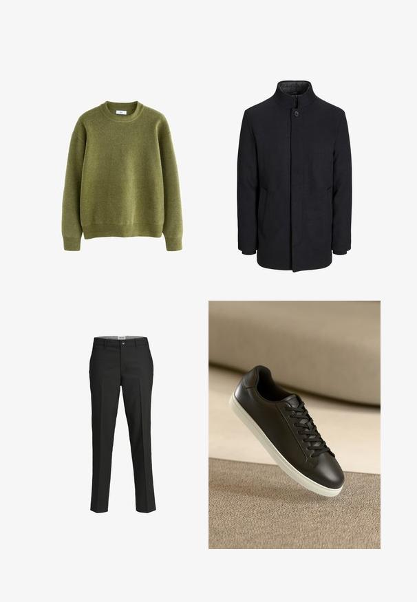 Pánský černý vlněný kabát s vysokým límcem, skrytým zipem, zapínáním na jeden knoflík a bočními kapsami.; Světle olivový svetr s kulatým výstřihem, pletený, s žebrovanými manžetami, lemem a výstřihem, zobrazený na bílém pozadí.; Černé kalhoty, s přiléhavým střihem, hladká tkanina, střední pas, přední zapínání na knoflík, šikmé kapsy a záhyby podél nohavic.; Černé kožené tenisky s bílou gumovou podrážkou a černými tkaničkami, umístěné na béžovém textilním povrchu a pozadí.