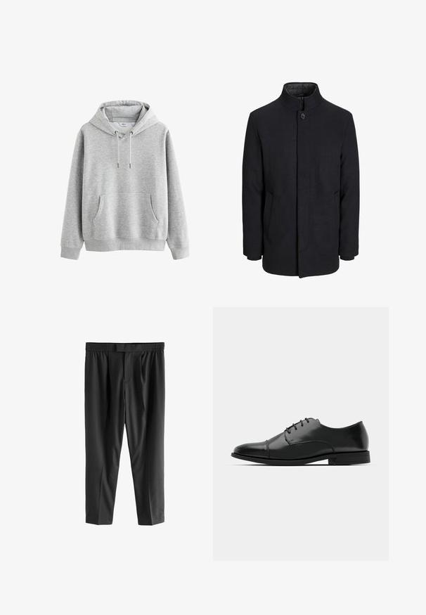 Pánský černý vlněný kabát s vysokým límcem, skrytým zipem, zapínáním na jeden knoflík a bočními kapsami.; Šedá bavlněná mikina s kapucí a přední kapsou, nastavitelnou šňůrkou na kapuci, žebrovanými manžetami a lemem. Hladká textura, minimalistický design, bez vzorů.; Next REGULAR FIT -CHECK SMART - Chino kalhoty - black; Černé kožené společenské boty s kulatou špičkou, šněrováním, jemnými švy a nízkým podpatkem. Hladký povrch s lesklým finišem.