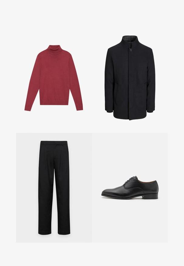 Herre sort uldfrakke med høj krave, skjult lynlås, enkelt knaplukning og sidelommer.; Rød polo sweater lavet af blødt strikstof. Har lange ærmer og en tætsiddende design. Glat tekstur uden synlige mønstre eller hardware.; Sorte bukser lavet af glat stof, med et lige ben-design, to frontfolder og en standard talje med bæltestropper.; Sorte lædersko med en glat overflade, spids tå og design med seks snøringer, der har en lav hæl og diskrete syninger som accent.