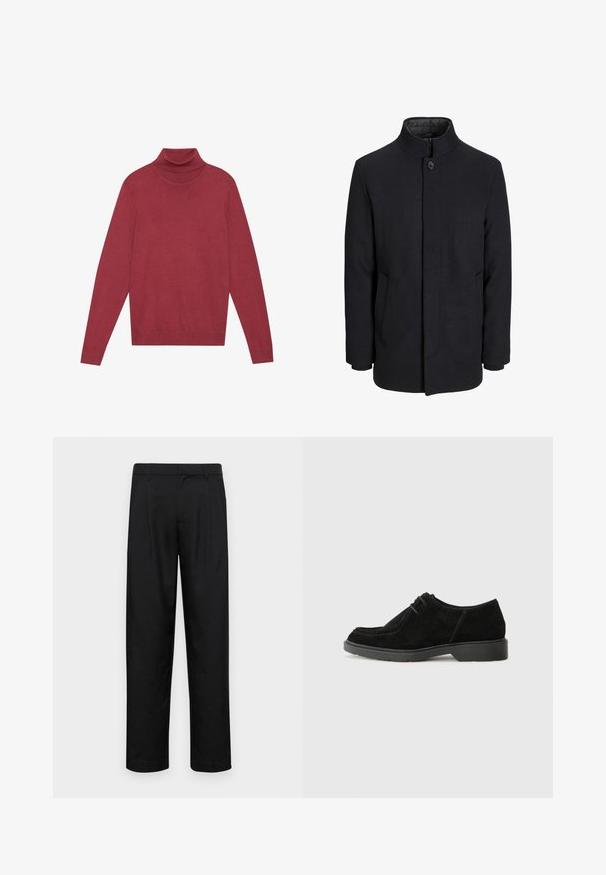 Manteau en laine noir pour homme avec col haut, fermeture éclair dissimulée, fermeture à un bouton et poches latérales.; Pull à col roulé rouge en maille douce. Dispose de longues manches et d'une coupe ajustée. Texture lisse sans motifs ni accessoires visibles.; Pantalons noirs en tissu lisse, avec une coupe droite, deux plis avant et une taille standard avec passants de ceinture.; Chaussure habillée en suède noir avec un bout arrondi, des coutures contrastées et une semelle en caoutchouc. Présente un laçage minimal et un design supérieur lisse.