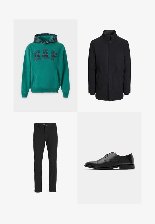 Men's black wool coat with high collar, concealed zipper, single button closure, and side pockets.; Green hoodie with a plaid-lined hood, featuring a large "GAP" logo in a plaid pattern. Includes a front pocket and ribbed cuffs.; Black cotton blend pants with a slim fit, featuring a button closure, pockets, and rolled cuffs for a casual finish.; Black leather dress shoe with a rounded toe, lace-up design, subtle stitching details, and a low heel. Smooth texture with polished finish.