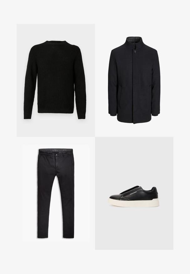 Pánsky čierny vlnový kabát s vysokým golierom, skrytým zipsom, jedným gombíkom a bočnými vreckami.; Čierny pletený sveter s okrúhlym výstrihom, dlhými rukávmi, štruktúrovaným vzorom a rebrovanými manžetami a spodným lemom. Klasický voľný strih.; Čierne bavlnené chinos nohavice so zúženým strihom, ktoré majú päť vreciek, pútka na opasok a hladký povrch. Zips s gombíkovým zapínaním.; Čierne tenisky na gumenú podrážku so štruktúrovaným koženým vrchom, biela gumová podrážka a žiadne viditeľné šnúrky. Na boku sa nachádza logo značky.