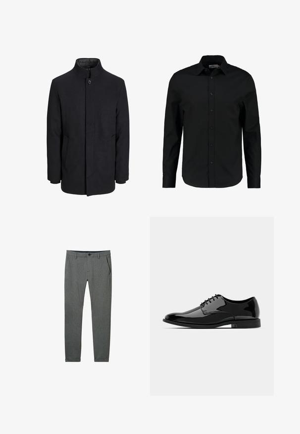 Svart ullrock för män med hög krage, dold dragkedja, singel knappstängning och sidofickor.; Svart långärmad skjorta i slätt tyg, med knäppning framtill, spetsig krage och en skräddarsydd passform med rundad fåll.; Grå byxor av texturerat tyg, med slim fit, sidfickor, bälteshällor och en enkel knappstängning i midjan.; Svart lackläderskor med rund tå, snörning och slät, blank yta. Har en låg gummisula.