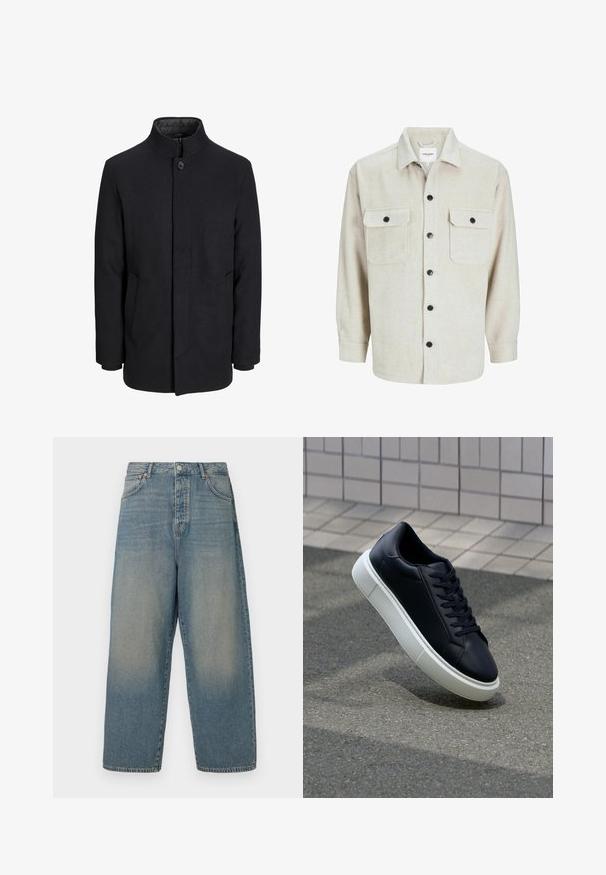 Vīriešu melns vilnas mētelis ar augstu apkakli, slēptu rāvējslēdžu, vienu pogu aizdari un sānu kabatām.; Bēža flaneļa krekls ar apkakles dekoltē, ar divām krūšu kabatām, melniem pogām un garām piedurknēm ar pogu aprocēm.; Gai zilo denimu platās kājas džinsi ar augstu jostasvietu, četriem makiem un kontrastējošiem šuvumiem. Gluda tekstūra ar izbalējušu apdari.; Melnas ādas kedas ar noapaļotu pirkstu un baltu gumijas zoli. Iespējas - plakanas šņorītes un minimāla apdare augšdaļā. Struktūrēta zole, lai nodrošinātu saķeri.