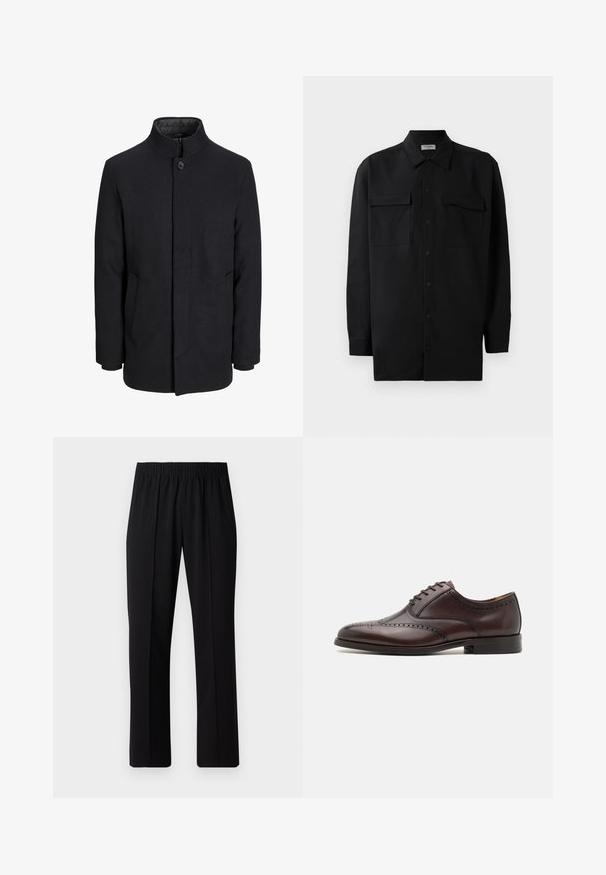 Vyriškas juodas vilnonis paltas su aukštu apykakle, užslėptu užtrauktuku, vienu užsegimu ir šoninėmis kišenėmis.; Juodas marškinis su mygtukais, pagamintas iš lygaus audinio, turi klasikinius apykaklės, du priekiniai kišeniai ir ilgus rankovės su mygtukais.; Juodos, elastingos juosmens kelnės su tiesiomis kojomis, turinčios lygų paviršių ir be matomų raštų ar detalių.; ALDO DONALD - Puošnūs suvarstomi batai - dark brown