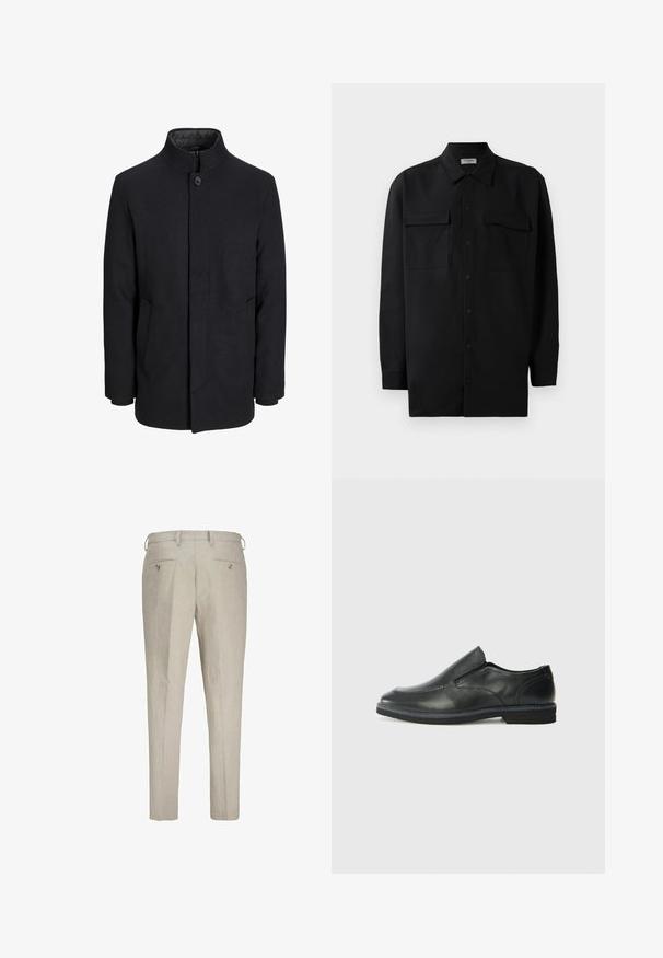 Muški crni vuneni kaput s visokim ovratnikom, skrivenim patentnim zatvaračem, jednim gumbom za zatvaranje i bočnim džepovima.; Crna košulja s dugim rukavima od glatkog materijala, s klasičnom kragnom, dva prednja džepa i dugmadima na manžetama.; Linen hlače u svijetloj bež boji s teksturiranim izgledom. Imaju dva stražnja džepa s gumbima i petlje za remen za prilagodljivu veličinu.; Crne kožne cipele na sklapanje s glatkom gornjom površinom, prošivenim detaljima, zaobljenim vrhom i niskim gumene potplate. Potplat ima minimalne uzorke.