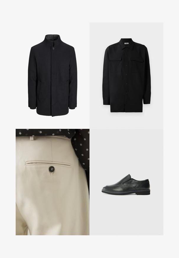 Men's black wool coat with high collar, concealed zipper, single button closure, and side pockets.; Black button-up shirt made of smooth fabric, featuring a classic collar, two front pockets, and long sleeves with button cuffs.; Beige trousers with a textured fabric featuring a rear pocket, closed with a black button. Subtle stitching accents along the pocket.; Black leather slip-on shoe with a smooth upper, stitched accents, rounded toe, and a low rubber heel. Sole features minimal tread.