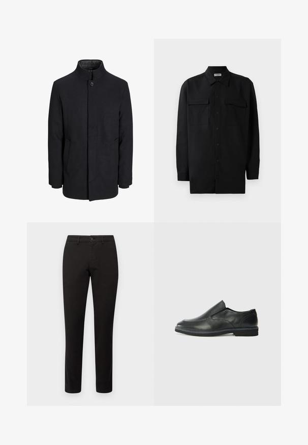 Men's svart ullfrakk med høy krage, skjult glidelås, en knapp lukking og sidelommer.; Svart skjorte med knapper laget av glatt stoff, med klassisk krage, to frontlommer og lange ermer med knappe mansjetter.; Sorte chinos med slim fit, laget av en bomullsblanding. Har en front knappelukking og fem lommer. Glatt tekstur, minimal detaljer.; Sorte skinn slip-on sko med en jevn overflate, stikking detaljer, rund tå og en lav gummihæl. Sålen har minimal mønstring.