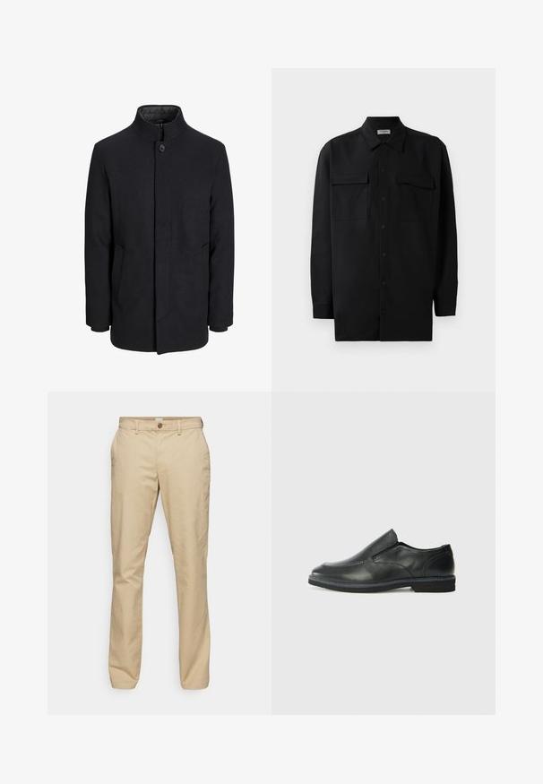 Muški crni vuneni kaput s visokim ovratnikom, skrivenim patentnim zatvaračem, jednim gumbom za zatvaranje i bočnim džepovima.; Crna košulja s dugim rukavima od glatkog materijala, s klasičnom kragnom, dva prednja džepa i dugmadima na manžetama.; Bež hlače od pamuka, sa ravnim krojem, dva bočna džepa, jednim dugmetom za zatvaranje i završetkom s manžetama.; Crne kožne cipele na sklapanje s glatkom gornjom površinom, prošivenim detaljima, zaobljenim vrhom i niskim gumene potplate. Potplat ima minimalne uzorke.