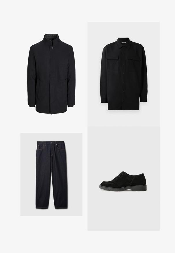 Men's black wool coat with high collar, concealed zipper, single button closure, and side pockets.; Black button-up shirt made of smooth fabric, featuring a classic collar, two front pockets, and long sleeves with button cuffs.; Dark denim jeans with a straight cut, featuring a button and zipper closure, two front pockets, and contrasting orange stitching.; Black suede dress shoe with a rounded toe, contrasting stitching, and a rubber sole. Features minimal lacing and a smooth upper design.