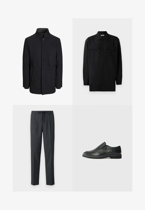 Men's black wool coat with high collar, concealed zipper, single button closure, and side pockets.; Black button-up shirt made of smooth fabric, featuring a classic collar, two front pockets, and long sleeves with button cuffs.; Tailored dark gray pants with a textured pattern, straight fit, and adjustable tie waistband. Smooth fabric with neatly finished seams.; Black leather slip-on shoe with a smooth upper, stitched accents, rounded toe, and a low rubber heel. Sole features minimal tread.