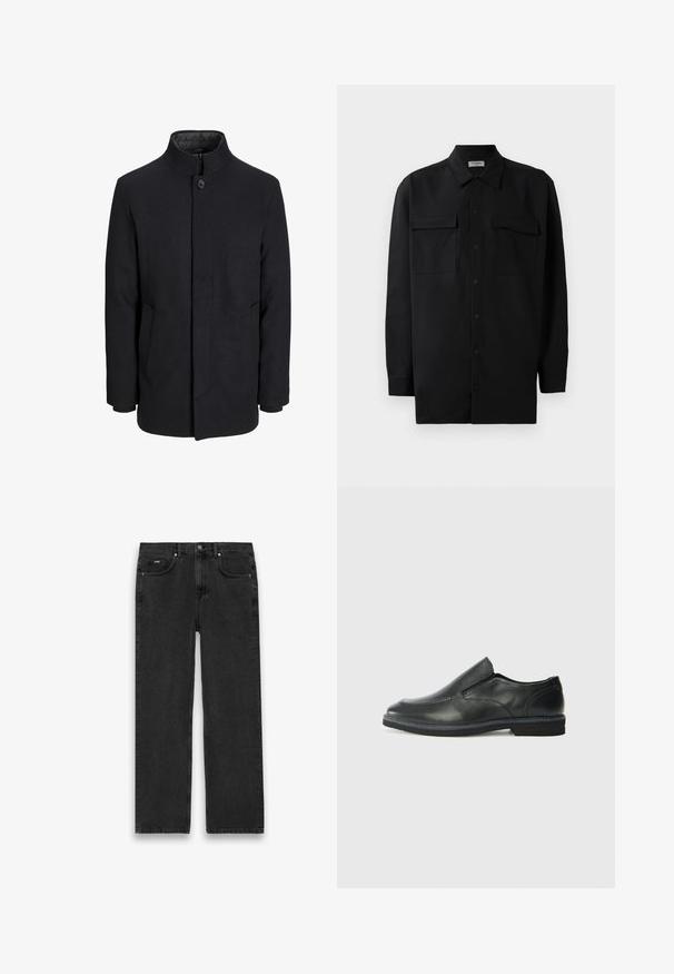 Men's svart ullfrakk med høy krage, skjult glidelås, en knapp lukking og sidelommer.; Svart skjorte med knapper laget av glatt stoff, med klassisk krage, to frontlommer og lange ermer med knappe mansjetter.; Svarte denimjeans med rett snitt, som har fem lommer, knapper foran og lys fading. Teksturert stoff og minimale sømdetaljer.; Sorte skinn slip-on sko med en jevn overflate, stikking detaljer, rund tå og en lav gummihæl. Sålen har minimal mønstring.