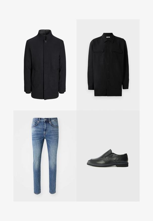 Vīriešu melns vilnas mētelis ar augstu apkakli, slēptu rāvējslēdžu, vienu pogu aizdari un sānu kabatām.; Melnā pogu krekla, kas izgatavota no gludas auduma, ar klasisku apkakli, divām priekšējām kabatām un garām piedurknēm ar pogu aprocēm.; Izbalējuši gaiši zili džinsi ar pieguļošu piegriezumu, pieci kabatas, rāvējslēdzējs un metāla pogas aizdare jostasvietā.; Melnas ādas slip-on kurpes ar gludu augšdaļu, izšūtām akcentiem, noapaļotu purngala daļu un zemu gumijas papēdi. Zole ar minimālu rakstu.