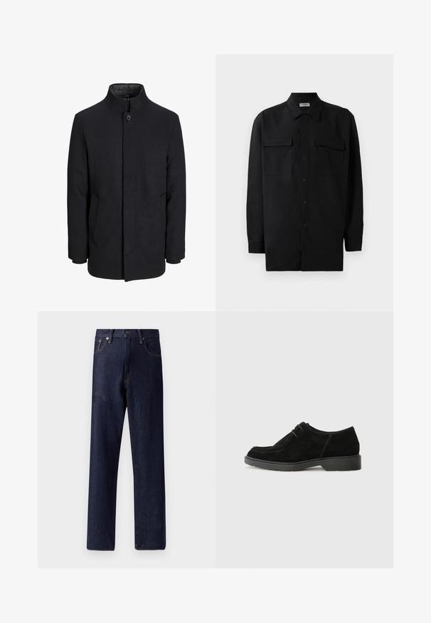 Pánsky čierny vlnový kabát s vysokým golierom, skrytým zipsom, jedným gombíkom a bočnými vreckami.; Čierna košeľa na gombíky vyrobená z hladkej tkaniny, so klasickým golierom, dvoma prednými vreckami a dlhými rukávmi s gombíkovými manžetami.; Tmavomodré džínsy so rovnými nohavicami, piatimi vreckami a nenápadnými švovými detailmi. Stredne vysoký pás s kovovým gombíkom a zipsovým zapínaním.; Čierne zamšové pánske topánky s okrúhlou špičkou, kontrastným prešívaním a gumovou podrážkou. Obsahuje minimálne šnurovanie a hladký horný dizajn.