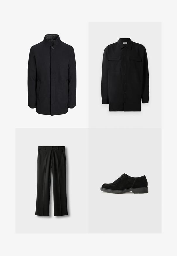 Zwart wollen mannenjas met hoge kraag, verborgen rits, sluiting met één knop en zijzakken.; Zwarte button-up shirt gemaakt van gladde stof, met een klassieke kraag, twee voorzakken en lange mouwen met knopenmanchetten.; Zwarte op maat gemaakte pantalon met riemlussen, voorste knoop- en ritssluiting, zijzakken en vouwen langs de broekspijpen op een lichte achtergrond.; Zwarte suède modelschoen met een ronde neus, contrasterende stiksels en een rubberen zool. Kenmerkt zich door minimale veters en een glad bovenwerk.