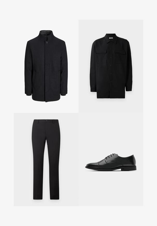 Muški crni vuneni kaput s visokim ovratnikom, skrivenim patentnim zatvaračem, jednim gumbom za zatvaranje i bočnim džepovima.; Crna košulja s dugim rukavima od glatkog materijala, s klasičnom kragnom, dva prednja džepa i dugmadima na manžetama.; Crne krojene hlače ravnog kroja, s kopčanjem na gumb i s petljama za remen. Izrađene od glatkog tkanog materijala bez vidljivih uzoraka.; Crne kožne cipele s okruglim prstom, s vezanjem, suptilnim detaljima šivanja i niskim potplatima. Glatka tekstura s poliranim finišem.