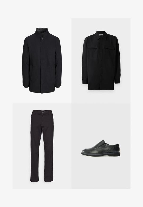 Abrigo de lana negro para hombre con cuello alto, cremallera oculta, cierre de un botón y bolsillos laterales.; Camisa negra de botones, fabricada en tejido suave, con un cuello clásico, dos bolsillos delanteros y mangas largas con puños de botón.; Pantalones de algodón negros con un diseño de pierna recta, que cuentan con un cierre frontal de botón y bolsillos laterales. Textura suave y detalles mínimos.; Zapato negro de cuero sin cordones con un upper suave, detalles de costura, punta redonda y un bajo tacón de goma. La suela presenta una tracción mínima.