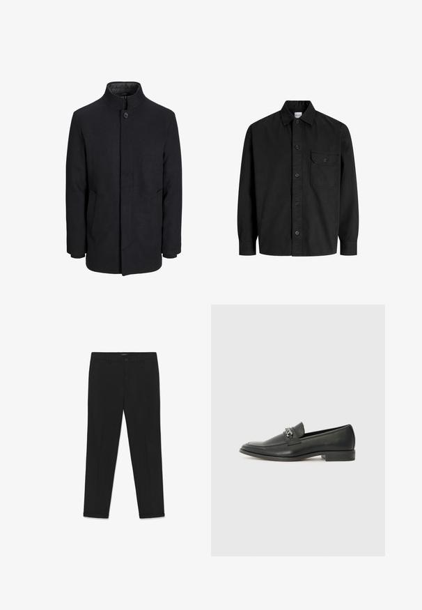 Moška črna volnena jakna z višjim ovratnikom, skritim zadrgo, enojnim gumbom za zapiranje in stranskimi žepi.; Črna dolga srajca s poudarjeno zapenjanjem in ovratnikom, ki ima en sam žep na prsih s pokrovčkom na gumb.; Črne hlače iz gladkega blaga, s slim krojem, ravnim sprednjim delom, dvema stranskima žepoma in zapiranjem z gumbom v pasu.; Črni usnjeni loafer z gladko površino, ki ima šivano zasnovo in dekorativni kovinski verižni naglas preko vampirja. Ravno peto.