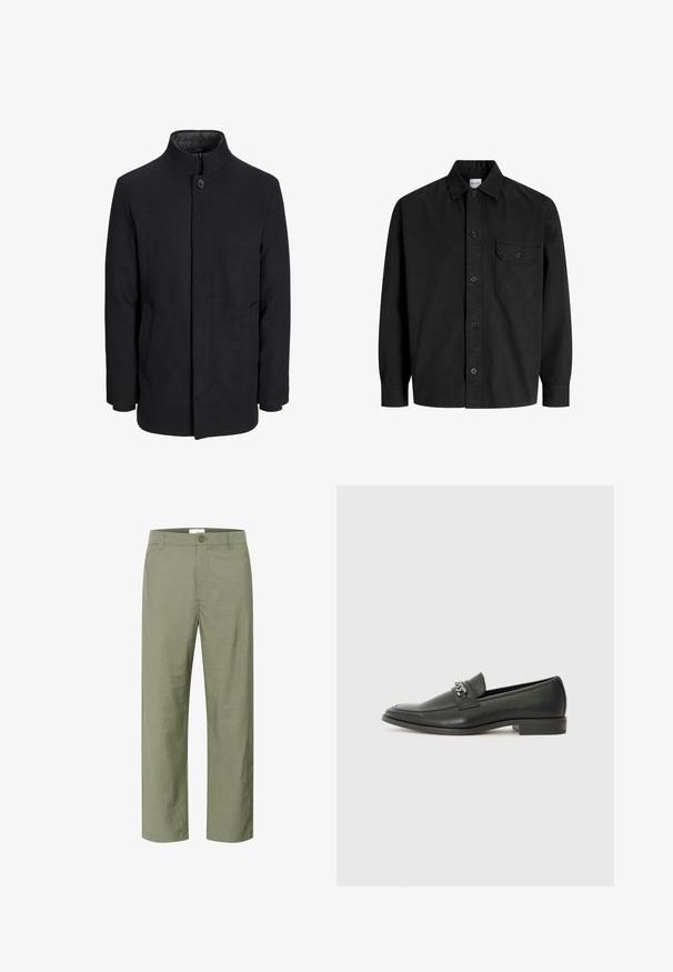 Svart ullrock för män med hög krage, dold dragkedja, singel knappstängning och sidofickor.; Svart långärmad skjorta med knappar, krage och en enda bröstficka med knäppt klaff.; Ljus olivgrön byxor gjorda av ett mjukt, lätt tyg. Har en främre knappstängning och klassisk rak ben-design.; Svart läderloafers med en slät yta, med en sydd design och en dekorativ metallkedjeaccent över västen. Platt häldesign.