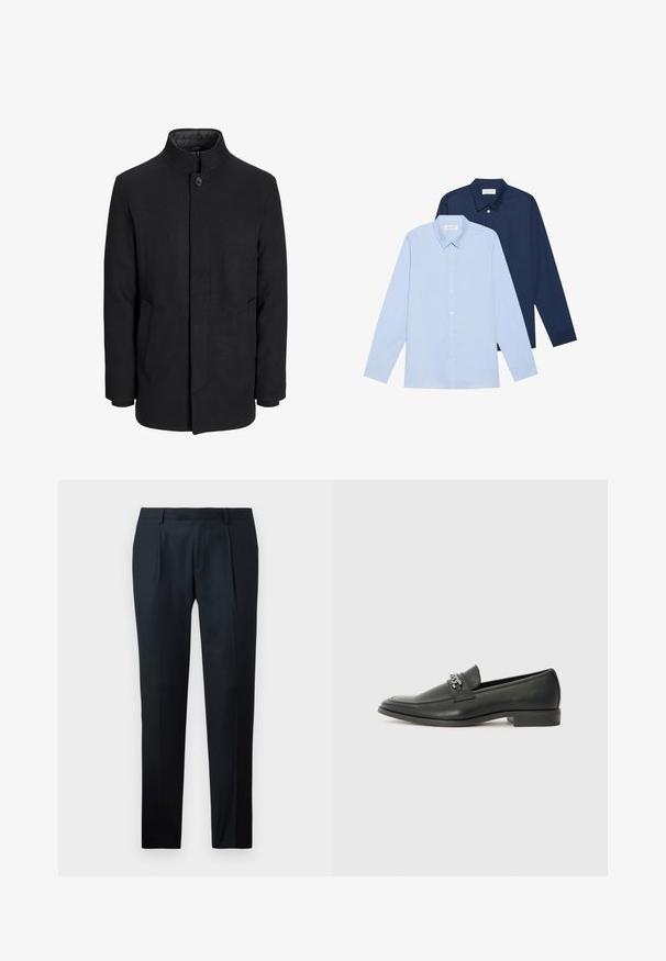 Men's black wool coat with high collar, concealed zipper, single button closure, and side pockets.; Two long-sleeve shirts: one light blue and one dark navy, both featuring a classic collar and button front, made of smooth fabric.; Black tailored pants made of smooth fabric, featuring a slim fit design, two front pleats, and a flat waistband without visible hardware.; Black leather loafer with a smooth finish, featuring a stitched design and a decorative metal chain accent across the vamp. Flat heel.