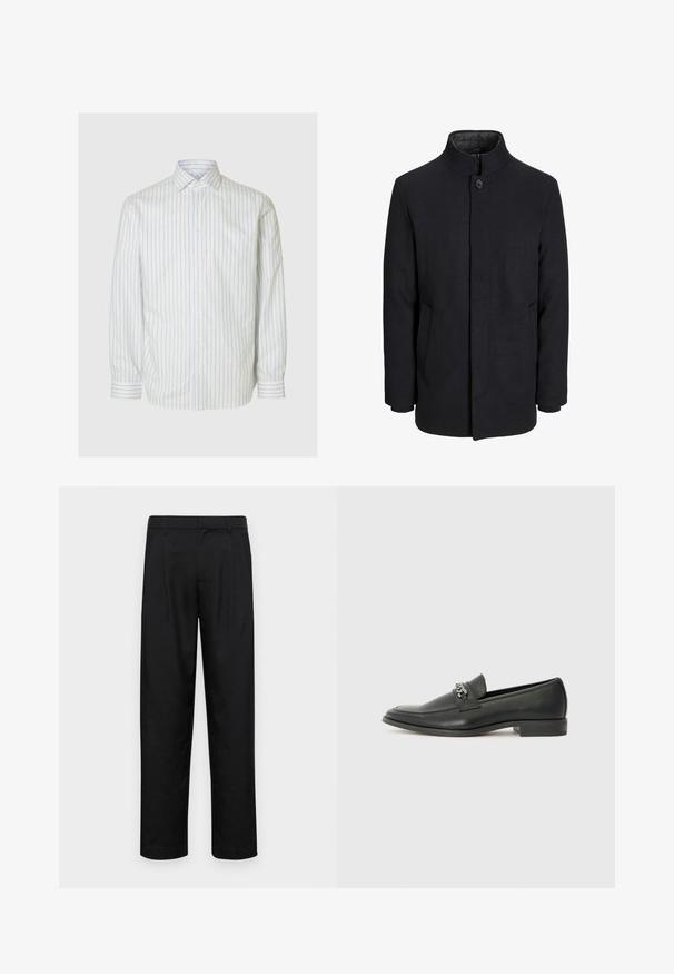 Svart ullrock för män med hög krage, dold dragkedja, singel knappstängning och sidofickor.; Vit långärmad skjorta med blå vertikala ränder, knappslå och klassisk krage. Tillverkad av slätt tyg, med en skräddarsydd passform.; Svarta byxor i slät väv, med rak ben-design, två framfickor och standardmidja med bälteshällor.; Svart läderloafers med en slät yta, med en sydd design och en dekorativ metallkedjeaccent över västen. Platt häldesign.