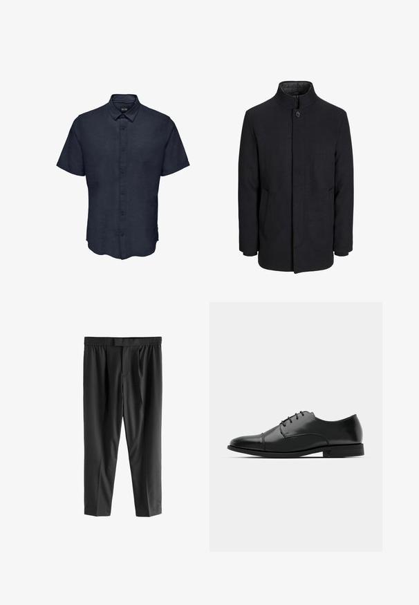 Abrigo de lana negro para hombre con cuello alto, cremallera oculta, cierre de un botón y bolsillos laterales.; Only & Sons ONSCAIDEN - Camisa - night sky; Next REGULAR FIT -CHECK SMART - Pantalones chinos - black; Zapato de vestir de cuero negro con punta redondeada, diseño con cordones, detalles de costura sutiles y un tacón bajo. Textura suave con acabado pulido.