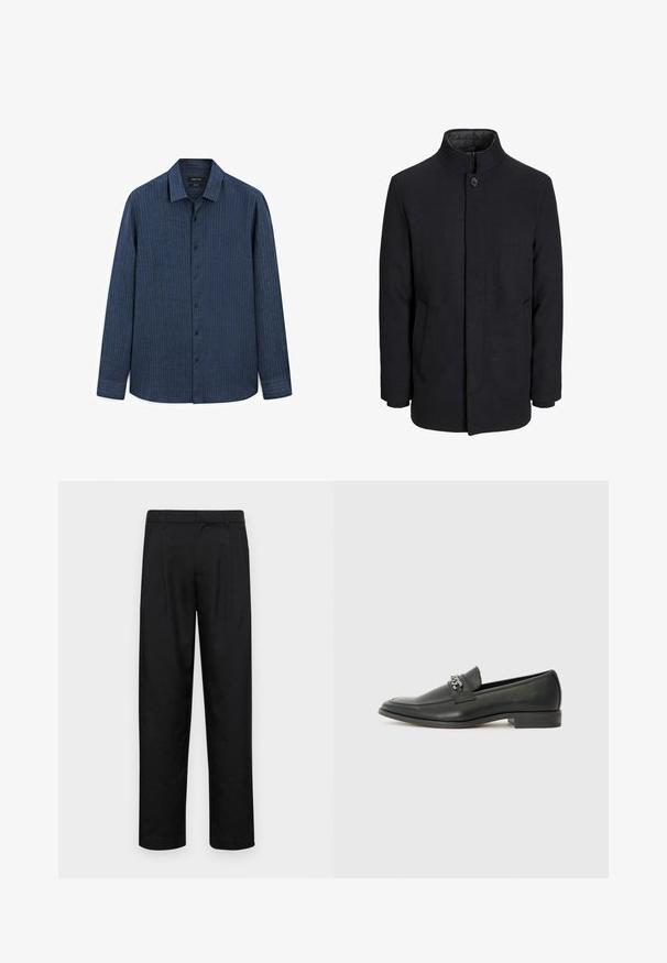 Zwart wollen mannenjas met hoge kraag, verborgen rits, sluiting met één knop en zijzakken.; Blauw gestreepte overhemd met knopen, een kraag, lange mouwen, zwarte knopen en een rechte zoom. Gemaakt van een lichte stof met een subtiele textuur.; Zwarte broeken van gladde stof, met een recht model, twee voorknikken en een standaard tailleband met riemlussen.; Zwarte leren instapper met een gladde afwerking, voorzien van een gestikt ontwerp en een decoratieve metalen kettingaccent over de wreef. Platte hak.