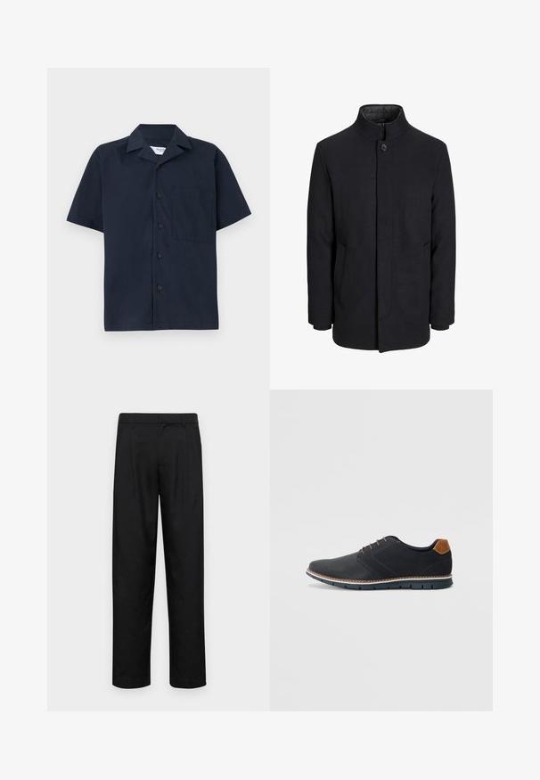 Men's svart ullfrakk med høy krage, skjult glidelås, en knapp lukking og sidelommer.; Mørkeblå kortermet skjorte laget av glatt stoff, med krage, knappelukking og en enkelt brystlomme. Enkel design uten mønstre.; Sorte bukser laget av glatt stoff, med rette ben, to frontfoldninger og standard liv med beltehemper.; Sorte syntetiske sko med en teksturert overdel, glatte detaljer, brun hæl og en kontrastfarge på sålen. Har minimalt snøring og sømdetaljer.