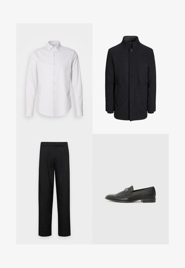 Herre sort uldfrakke med høj krave, skjult lynlås, enkelt knaplukning og sidelommer.; Hvid langærmet skjorte med spids krave, knaplukning foran, lavet af et glat stof. Har en subtil stribet tekstur.; Sorte bukser lavet af glat stof, med et lige ben-design, to frontfolder og en standard talje med bæltestropper.; Sorte læder loafers med en glat finish, der har et syet design og et dekorativt metal kædeaccent hen over vamps. Flad hæl.