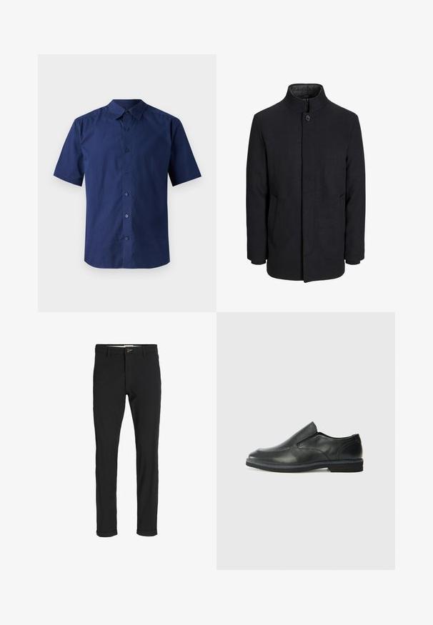 Meeste must villane mantel kõrge kraega, peidetud tõmblukk, ühe nööbiga kinnitamine ja küljetaskud.; Lühikeste varrukatega tumesinine puuvillane särk; omab nööbiga esiosa, tavalist kraed ja siledat struktuuri ilma mustriteta.; Mustast puuvillasegustest pükstest õhukese lõikega, milles on nööbikinnitus, taskud ja keeratud sääred, et saavutada lõdva lõppviimistluse.; Must musta laia suuga king, millel on sile ülemine osa, õmmeldud detailid, ümmargune nina ja madal kummist konts. Tallal on minimaalne mustr.