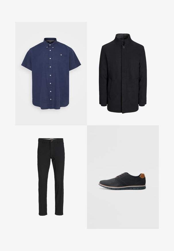 Vyriškas juodas vilnonis paltas su aukštu apykakle, užslėptu užtrauktuku, vienu užsegimu ir šoninėmis kišenėmis.; Trumpas rankovėmis, tamsiai mėlynos spalvos mygtukų marškiniai su apykakle, balti mygtukai ir mažas logotipas kairėje krūtinės pusėje. Pagaminta iš medvilnės.; Juodi medvilnės mišiniai kelnės su siauru siluetu, su mygtuko uždarymu, kišenėmis ir sukamučiais galais, suteikiančiais laisvalaikio stilių.; Juodi sintetiniai batai su tekstūruotu paviršiumi, lygiomis detalėmis, ruda kulna ir kontrastingu padu. Yra minimalus raištelių užsidėjimas ir siuvimo detalės.