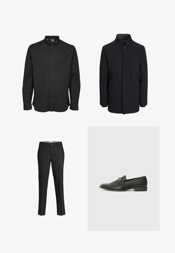 Muški crni vuneni kaput s visokim ovratnikom, skrivenim patentnim zatvaračem, jednim gumbom za zatvaranje i bočnim džepovima.; Crna dugorukava košulja na gumbe od pamučne tkanine, s klasičnim kragnom, prednjim džepom i odgovarajućim crnim gumbima.; Crne hlače, krojene u prilagodljivom fitu, glatka tkanina, srednji struk, prednje kopčanje na dugme, dijagonalni džepovi i pregibi duž nogu.; Crna kožna loafer cipela s glatkom finišem, s ušivenim uzorkom i dekorativnim metalnim lancem preko prednjeg dijela. Ravni potplat.