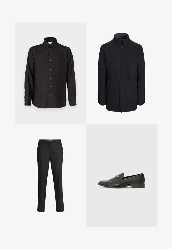 Vyriškas juodas vilnonis paltas su aukštu apykakle, užslėptu užtrauktuku, vienu užsegimu ir šoninėmis kišenėmis.; Juodas ilgomis rankovėmis marškinys, pagamintas iš lygios medžiagos, su mygtukų užsegimu, smailiu apykakle ir suapvalintu kraštu, turintis kontrastingus mygtukus.; Juodos kelnes, pritaikytas siluetas, lygus audinys, vidutinio aukščio liemuo, priekyje su užsegimu, kampinės kišenės ir raukšlės detalės palei kojas.; Juodos odinės loafer tipo bateliai su lygiu paviršiumi, turintys siuvinėtą dizainą ir dekoratyvų metalo grandinėlės akcentą ant batų viršaus. Plokščias kulnas.