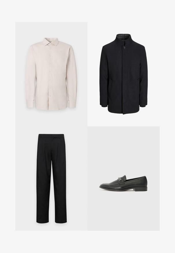 Pánsky čierny vlnový kabát s vysokým golierom, skrytým zipsom, jedným gombíkom a bočnými vreckami.; Svetlo béžová košeľa s dlhým rukávom, zapínaním na gombíky, klasickým golierom a decentnou textúrou. Obsahuje štandardné manžety a šesť gombíkov.; Čierne nohavice vyrobené z hladkej tkaniny, s rovnými nohavicami, dvoma prednými skladmi a štandardným pásom s pútkami na opasok.; Čierne kožené loafers s hladkým povrchom, s prešitým dizajnom a dekoratívnym kovovým reťazovým akcentom cez priehlavok. Plochý podpätok.