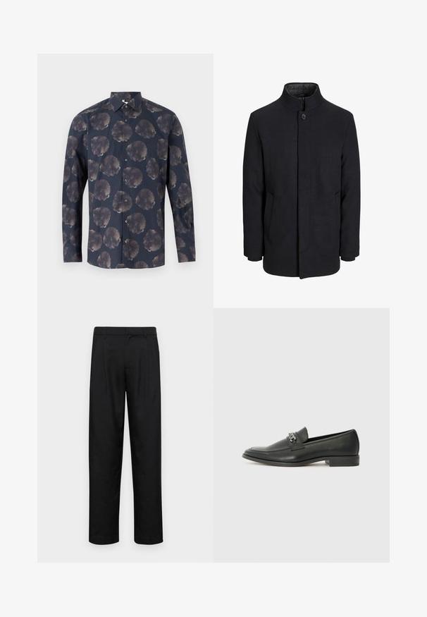 Moška črna volnena jakna z višjim ovratnikom, skritim zadrgo, enojnim gumbom za zapiranje in stranskimi žepi.; Majica s dolgimi rokavi v temno modri barvi z rožnatim vzorcem, ki prikazuje velike, zbledele cvetove. Zapenjanje spredaj z gumbi, klasičen ovratnik in tekstura blaga.; Črne hlače iz gladkega materiala, s krojem ravne noge, dvema sprednjima pregiboma in standardnim pasom z zankami za pas.; Črni usnjeni loafer z gladko površino, ki ima šivano zasnovo in dekorativni kovinski verižni naglas preko vampirja. Ravno peto.