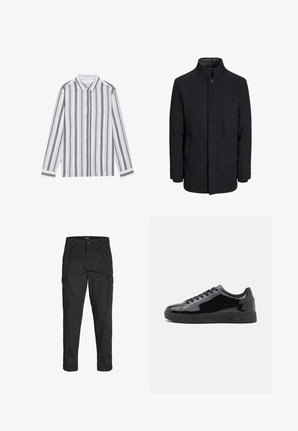 Męski czarny wełniany płaszcz z wysokim kołnierzem, ukrytym zamek błyskawicznym, zapięciem na jeden guzik oraz bocznymi kieszeniami.; Koszula z długim rękawem, zapinana na guziki, w kolorze białym z czarnymi pionowymi paskami. Wykonana z lekkiego materiału, posiada klasyczny kołnierzyk i mankiety.; Czarne spodnie cargo wykonane z wytrzymałego materiału, z wieloma kieszeniami, zapięciem na guzik oraz zwężanym krojem nogawek.; Czarne lakierowane sneakersy z okrągłym noskiem, płaską gumową podeszwą i czarnymi sznurowadłami. Gładka, błyszcząca tekstura na górnej powierzchni.