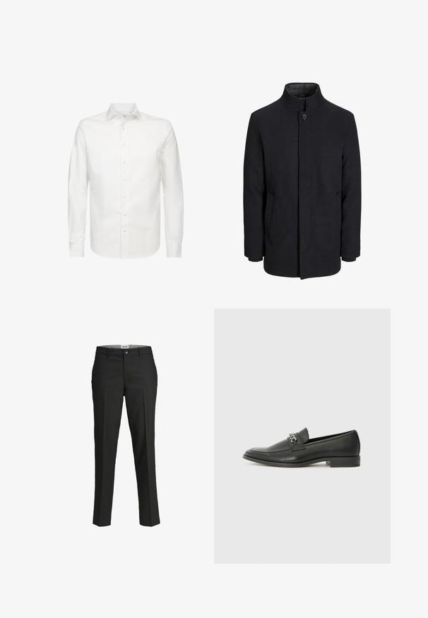 Zwart wollen mannenjas met hoge kraag, verborgen rits, sluiting met één knop en zijzakken.; Witte langetermijn blouse gemaakt van gladde stof, met een klassieke kraag en volledige knopen voor. Heeft een regular fit en geen zichtbare patronen.; Zwarte broek, getailleerde pasvorm, gladde stof, middelhoge taille, sluiting met frontknop, diagonale zakken en plooien langs de benen.; Zwarte leren instapper met een gladde afwerking, voorzien van een gestikt ontwerp en een decoratieve metalen kettingaccent over de wreef. Platte hak.